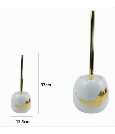 Porta Scopino In Ceramica Bianca Decorato Con Piuma Oro Accessorio Bagno 59897
