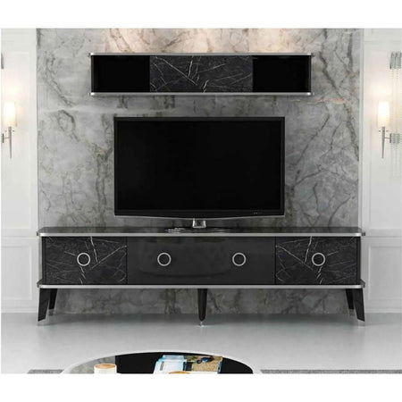Porta tv con pensile Bientv 180 effetto marmo nero particolari argento