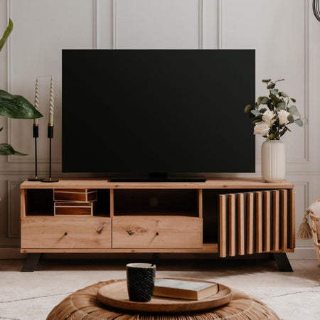 Porta TV Medan56A 2 cassetti e anta con vani a giorno rovere antracite