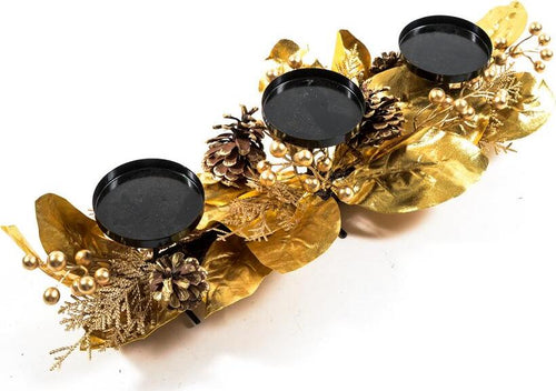 Portacandela con 3 fuochi con ghirlanda d'oro decorativa, ideale come centrotavola Casa e cucina/Decorazioni per interni/Candele e portacandele/Candele/Candele a colonna MagiediNatale.it - Altamura, Commerciovirtuoso.it