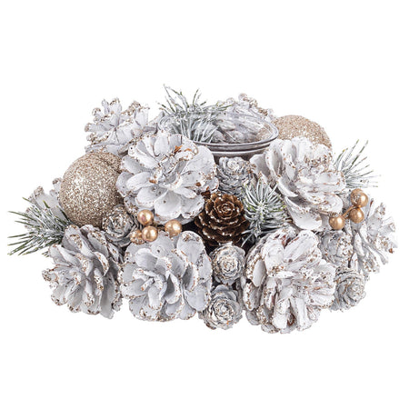 Portacandela Bianco decorativo con pigne per lumini in polistirolo per decorazioni natalizie