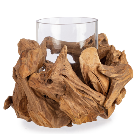 Porta candela in vetro 1P izara nat h 31  con radici di legno teak riciclato,  fatto con finitura naturale