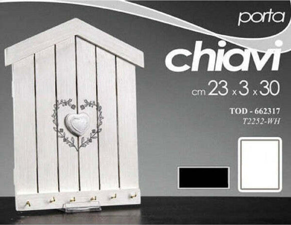 Portachiavi-Da-Parete-Forma-Casetta-In-Legno-Bianco-Con-Cuore-Stile-Shabby-Chic