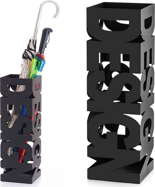 Portaombrelli-in-Ferro-Design-Quadrato-Stand-Nero-Vaschetta-Salvagoccia