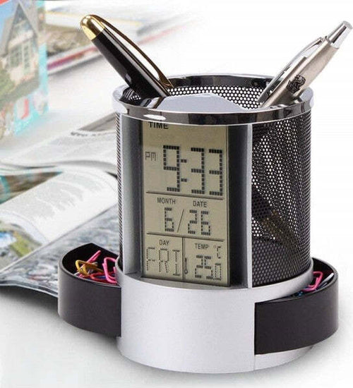 Portapenne-Scrivania-09-Display-Pulsante-Cubo-Orologio-Sveglia-Porta-Penne-Penna