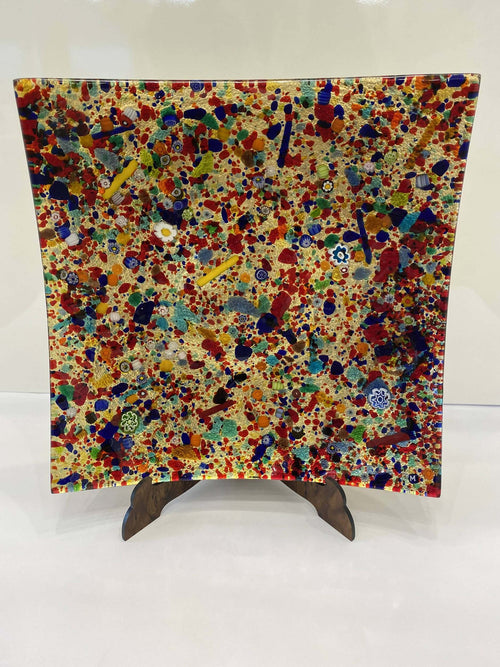 Posacenere Quadrato in Vetro Con Murrine 100% Artigianale Di Murano Venezia Murrina Millefiori E Foglia D'oro Fatto a Mano