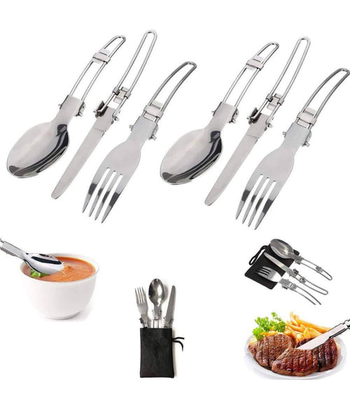 Posate Pieghevoli Forchetta Cucchiao Cortello In Acciaio Con Astuccio Da Viaggio