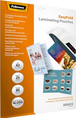 Pouches Admire Easyfold - A3 - cordonate - Fellowes - scatola 25 pezzi Cancelleria e prodotti per ufficio/Elettronica per ufficio/Accessori/Pouches per plastificatrici Eurocartuccia - Pavullo, Commerciovirtuoso.it