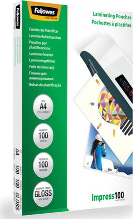 Pouches Impress100 - A3 -303x426 mm - 2x100 mic - Fellowes - scatola 100 pezzi Cancelleria e prodotti per ufficio/Elettronica per ufficio/Accessori/Pouches per plastificatrici Eurocartuccia - Pavullo, Commerciovirtuoso.it