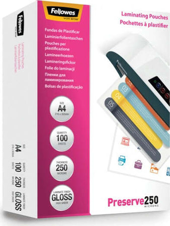 Pouches Preserve250 - A4 - 216x303 mm - 2x250 micron - Fellowes - scatola 100 pezzi Cancelleria e prodotti per ufficio/Elettronica per ufficio/Accessori/Pouches per plastificatrici Eurocartuccia - Pavullo, Commerciovirtuoso.it