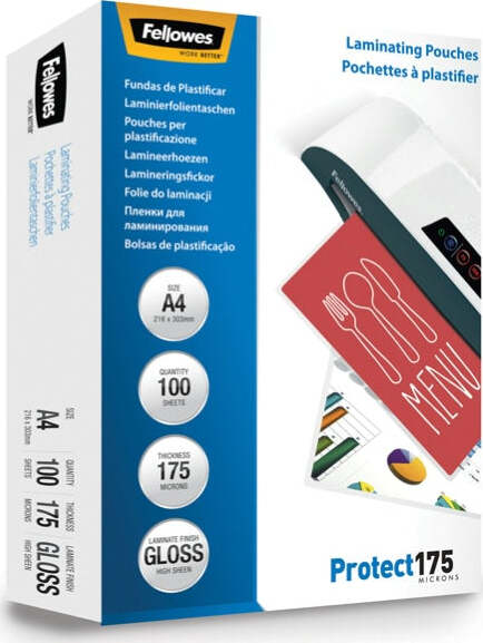 Pouches Protect175 - A4 - 2x175 micron - Fellowes - scatola 100 pezzi Cancelleria e prodotti per ufficio/Elettronica per ufficio/Accessori/Pouches per plastificatrici Eurocartuccia - Pavullo, Commerciovirtuoso.it