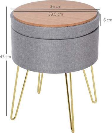 Pouf-Contenitore-2-in-1-con-Funzione-Sgabello-e-Tavolino,-in-Legno-e-Tessuto-Grigio,-Metallo-con-Finitura-Oro,-36x36x45cm-camera-da-letto-elegante-negozio-F838-033V70A