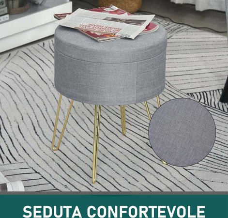 Pouf-Contenitore-2-in-1-con-Funzione-Sgabello-e-Tavolino,-in-Legno-e-Tessuto-Grigio,-Metallo-con-Finitura-Oro,-36x36x45cm-camera-da-letto-elegante-negozio-F838-033V70A