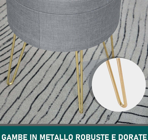 Pouf-Contenitore-2-in-1-con-Funzione-Sgabello-e-Tavolino,-in-Legno-e-Tessuto-Grigio,-Metallo-con-Finitura-Oro,-36x36x45cm-camera-da-letto-elegante-negozio-F838-033V70A