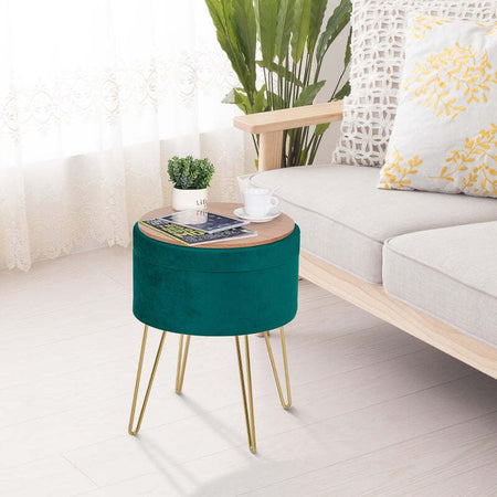 Pouf-Contenitore-2-in-1-con-Funzione-Sgabello-e-Tavolino-in-Legno-e-Velluto-Verde-negozio-portaoggetti-,-Metallo-con-Finitura-Oro,-36x36x45cm-F838-033A