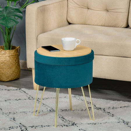 Pouf-Contenitore-2-in-1-con-Funzione-Sgabello-e-Tavolino-in-Legno-e-Velluto-Verde-negozio-portaoggetti-,-Metallo-con-Finitura-Oro,-36x36x45cm-F838-033A