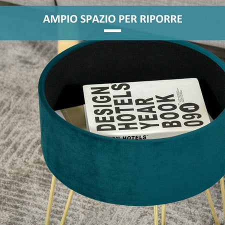 Pouf-Contenitore-2-in-1-con-Funzione-Sgabello-e-Tavolino-in-Legno-e-Velluto-Verde-negozio-portaoggetti-,-Metallo-con-Finitura-Oro,-36x36x45cm-F838-033A