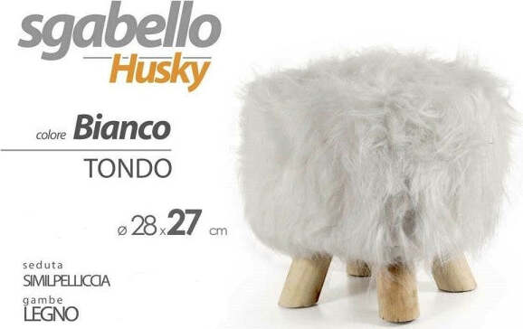 Pouf-Sgabello-Similpelliccia-Husky-Bianco-Tondo-Gambe-Legno-28x27-Cm-Poggiapiedi