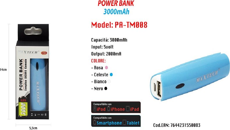 Power Bank 3000mah Caricabatterie Usb Per Smartphone Batteria Esterna Maxtech Pa-tm008 Powerbank Trade Shop italia - Napoli, Commerciovirtuoso.it