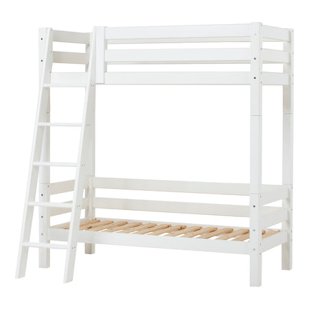 Letto a Castello Alto di Lusso Hoppekids ECO 70x160 cm con Spalliera sul Letto Inferiore e Scaletta Inclinata - Bianco