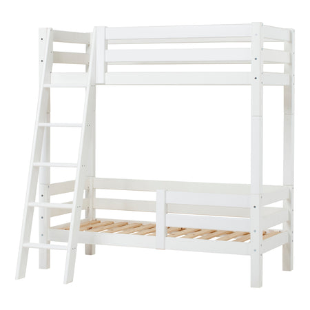 Hoppekids Letto a Castello Alto di Lusso ECO 70x160 cm con Sponda Schienale, Sponda sul Letto Inferiore e Scaletta Inclinata, Bianco