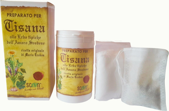 Preparato-per-Tisana-alle-erbe-tipiche-dell'-Amaro-Svedese-nell’assoluto-rispetto-della-ricetta-originale-di-Maria-Treben,-digestiva,-diuretica,-drenante,-per-gonfiore-addominale,-100%-naturale