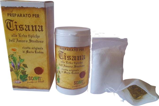Preparato-per-Tisana-alle-erbe-tipiche-dell'-Amaro-Svedese-nell’assoluto-rispetto-della-ricetta-originale-di-Maria-Treben,-digestiva,-diuretica,-drenante,-per-gonfiore-addominale,-100%-naturale
