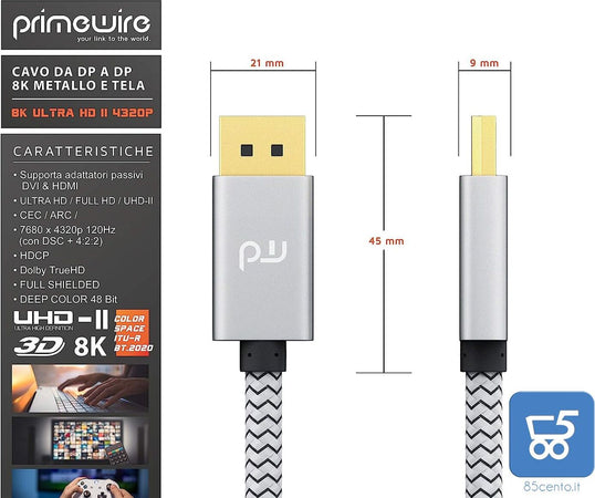 Primewire 1m Cavo DisplayPort 8k Audio Video Display Port DP to DP Alta qualitá 7680 x 4320 a 60 Hz - 3840 x 2160 a 120 Hz - 1920 x 1200 a 240 Hz - 32,4 Gbit/s