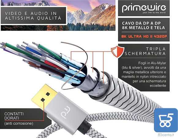 Primewire 1m Cavo DisplayPort 8k Audio Video Display Port DP to DP Alta qualitá 7680 x 4320 a 60 Hz - 3840 x 2160 a 120 Hz - 1920 x 1200 a 240 Hz - 32,4 Gbit/s