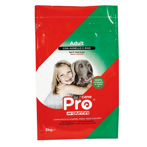 Crocchette Pro cane con Riso e Agnello 15 kg, per cani a pelo lucido, a base di carne e cereali