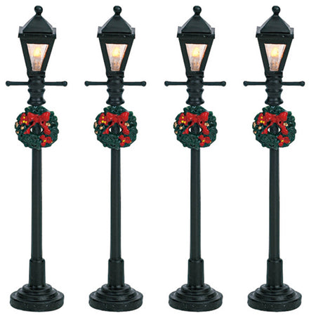 Lampioni illuminati da strada per Villaggio di Natale, set da 4 pezzi, in plastica da 10,5 cm