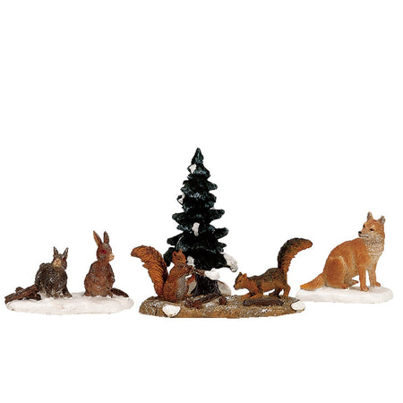 Decorazione "Animali boschivi set di 4" per Villaggio di Natale e presepe, in Resina da h 3,8 cm