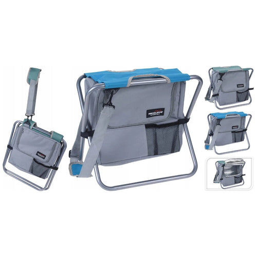 Sedia pieghevole con borsa isotermica per mare e spiaggia, colore blu e grigio, da 31,5 x 41 x 26,5 cm.