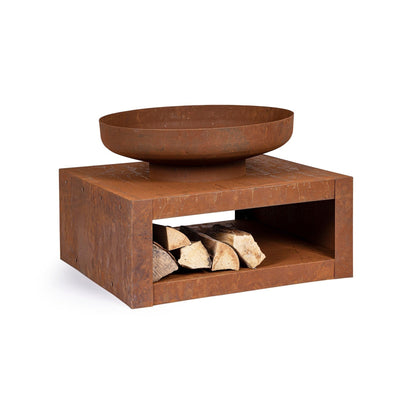 Braciere Efesto con portalegna, color ruggine autentico, da 70 x h 38 cm