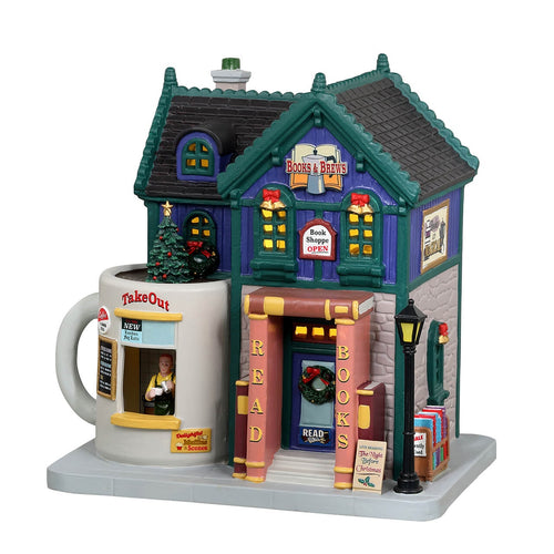 Decorazione Café libri e birre per Villaggio di Natale e presepe, in Porcellana da h 12,7 cm
