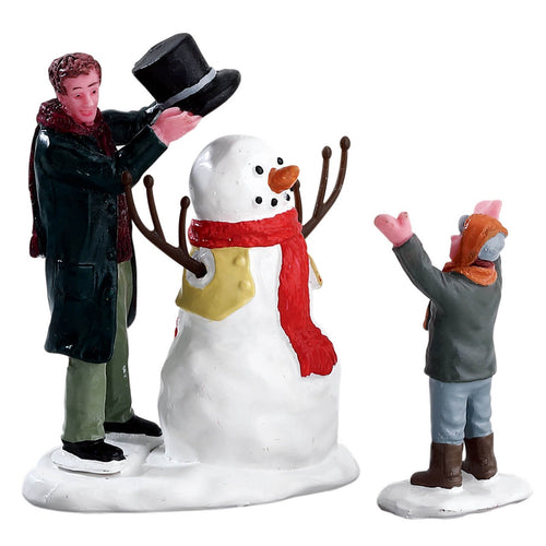 Decorazione Set di pupazzo di neve vestito in acuto di 2 per Villaggio di Natale e presepe, in Resina da h 3,8 cm