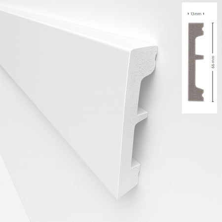 *STOCK FOLLI* Profilo mostrina - battiscopa - boiserie in Polimeri Bianco RAL 9016 verniciabile 66X13mm (Prezzo al metro)