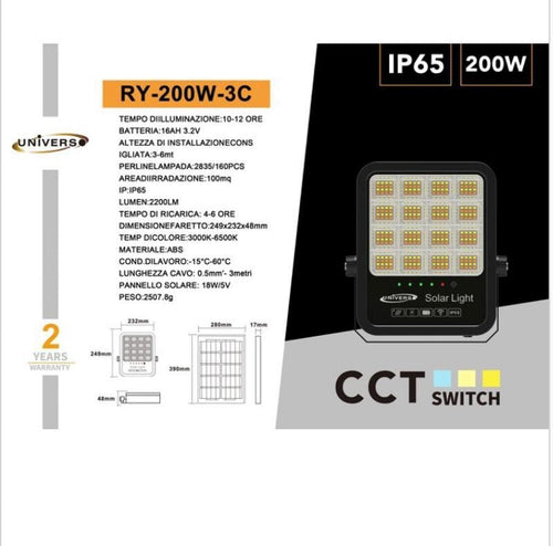 PROIETTORE A LED CON PANNELLO SOLARE FARO A LED SOLAR LIGHT 200W