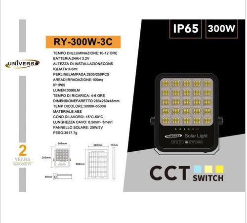 PROIETTORE A LED CON PANNELLO SOLARE FARO A LED SOLAR LIGHT 300W