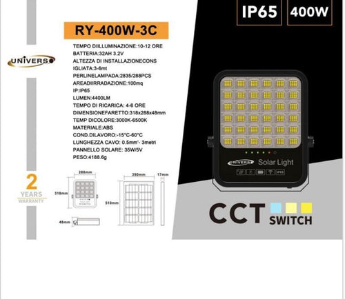PROIETTORE A LED CON PANNELLO SOLARE FARO A LED SOLAR LIGHT 400W