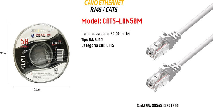 Prolunga Cavi Ethernet Rete Lan Per Internet Rj45 Cat5 50mt Maxtech Cat5-lan50m Informatica e Videogiochi > Periferiche di rete > Cavi di Rete Trade Shop italia - Napoli, Commerciovirtuoso.it