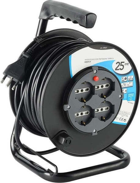 Prolunga-Elettrica-Cavo-25-Mt-Avvolgicavo-4-Prese-Schuko-Polivalenti-Spina-16a