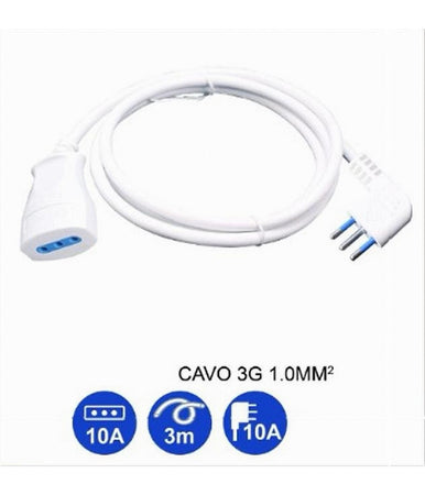Prolunga Lineare Bianca Da 3 Mt Spina 10a 2p+t + Presa 10a 2p+t Cavo 90° 83270
