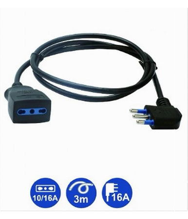 Prolunga Lineare Nera Cavo Da 3 Mt Spina 16a + Presa Bipasso 10/16a 2p+t 83282