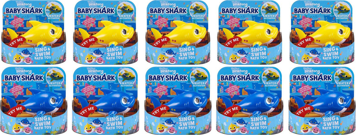 Promo 10 Pezzi Mixed 5 Gialli e 5 Blu Pinkfong Baby Shark Giocattolo da Bagno Canta e Nuota a Batteria per Bambini +18 Mesi - Rivenditore