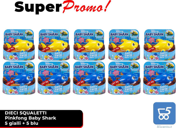 Promo 10 Pezzi Mixed 5 Gialli e 5 Blu Pinkfong Baby Shark Giocattolo da Bagno Canta e Nuota a Batteria per Bambini +18 Mesi - Rivenditore