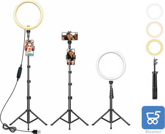 PROMO 2 PEZZI Luce Led ad anello con Treppiede Estensibile Regolabile con supporto Smartphone 3 Colori luce calda naturale fredda - Selfie Tik Tok Dirette Streaming
