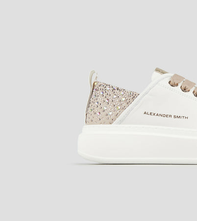 Alexander Smith Donna sneakers in pelle bianca e tallone beige con strass