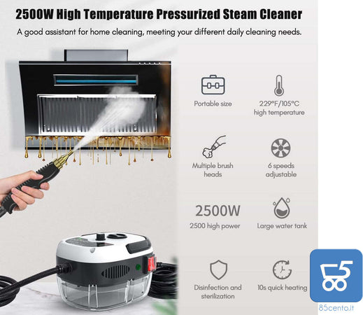 Pulitore a Vapore Portatile da 2500 W Pressurizzato ad Alta Temperatura con Testine per Mobili da Cucina Bagno Auto