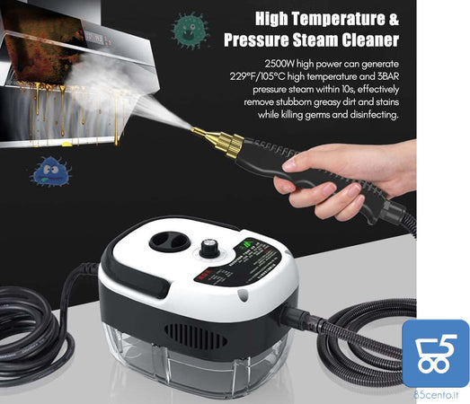 Pulitore a Vapore Portatile da 2500 W Pressurizzato ad Alta Temperatura con Testine per Mobili da Cucina Bagno Auto